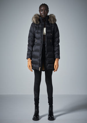Stylish down puffer coat with 700 Powerfill down insulation, water-resistant hydrophilic coating, and breathable design. Features a zip-off hood with removable faux fur, iconic hardware accents, and signature lining